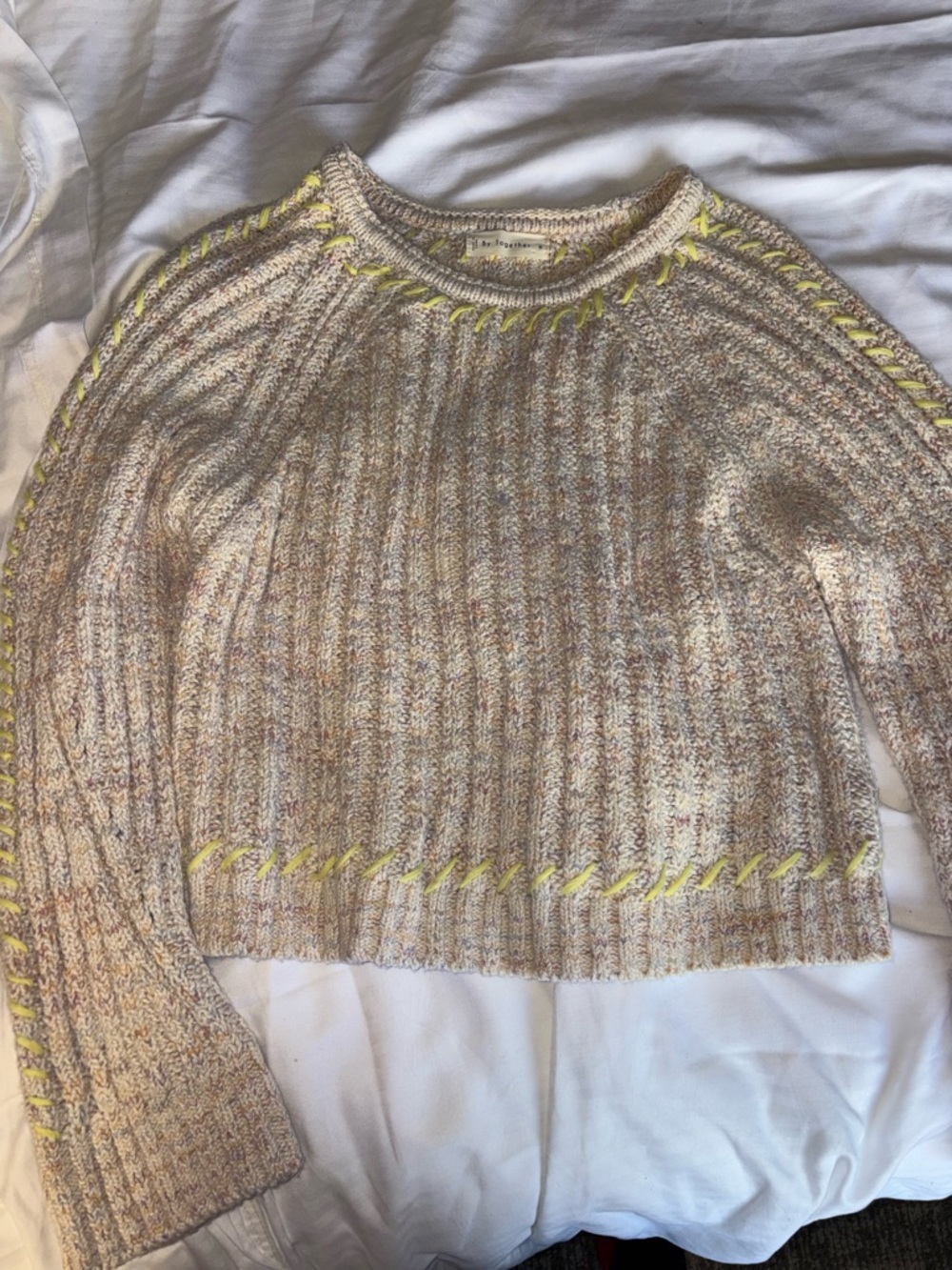 By Together Anthropology Multicolor Neutral Knit Sweater with Yellow Stitching